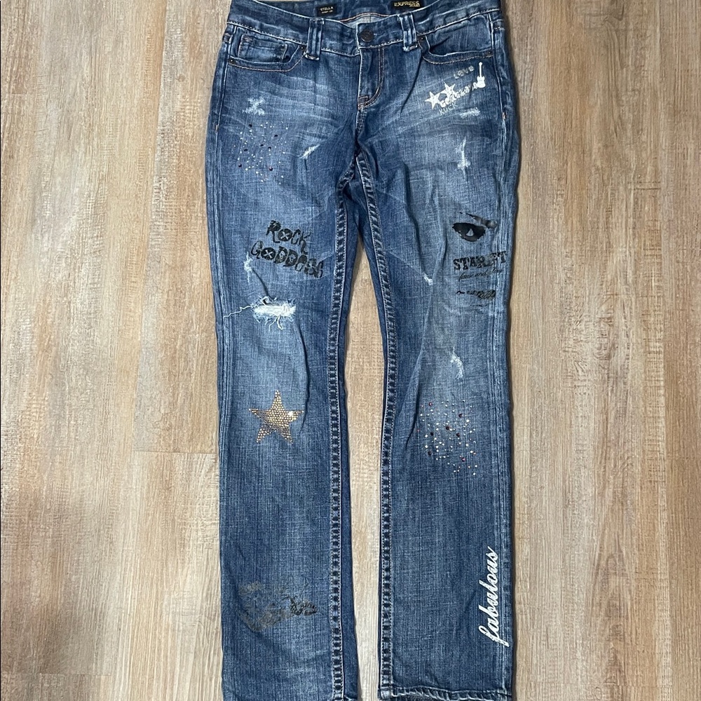 Express Blue Distressed Embellished Women's Jeans